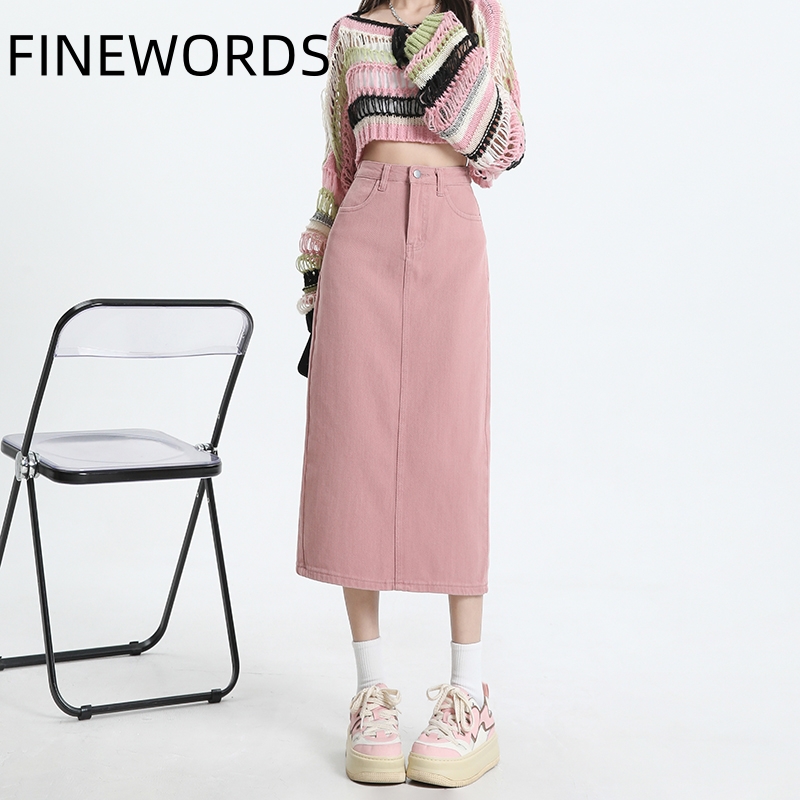 Denim Skirt Midi Vintage - FINEWORDS Vintage Pink Denim Long Skirts