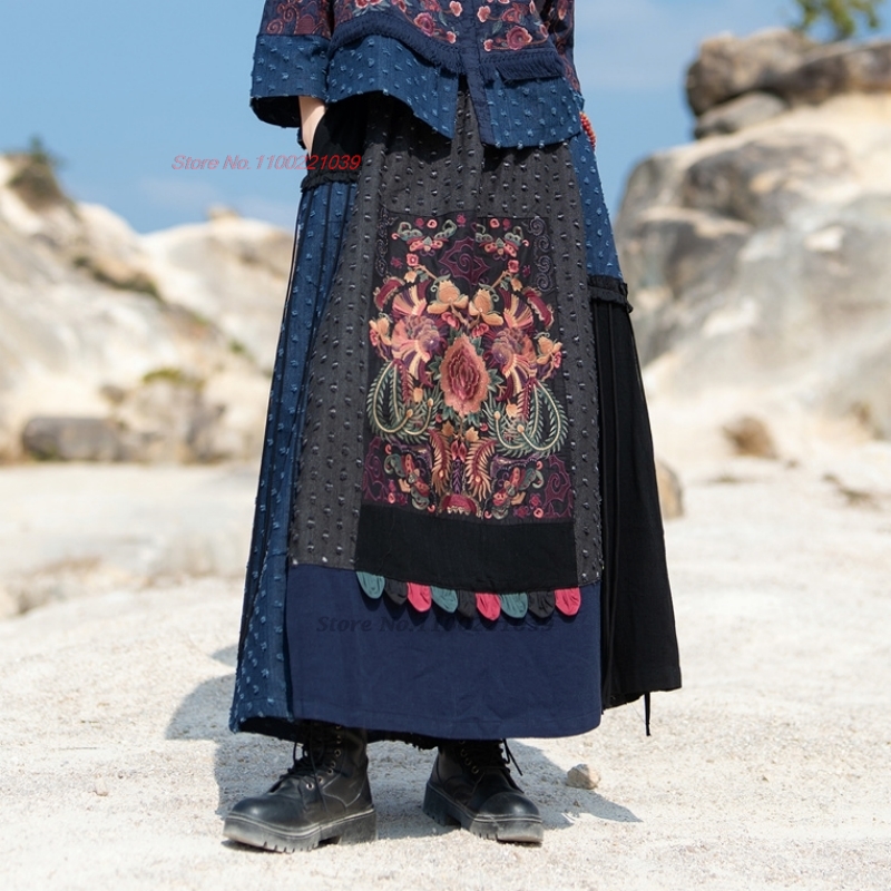 Denim Skirt Midi Vintage - 2026 traditional ethnic denim patchwork skirt