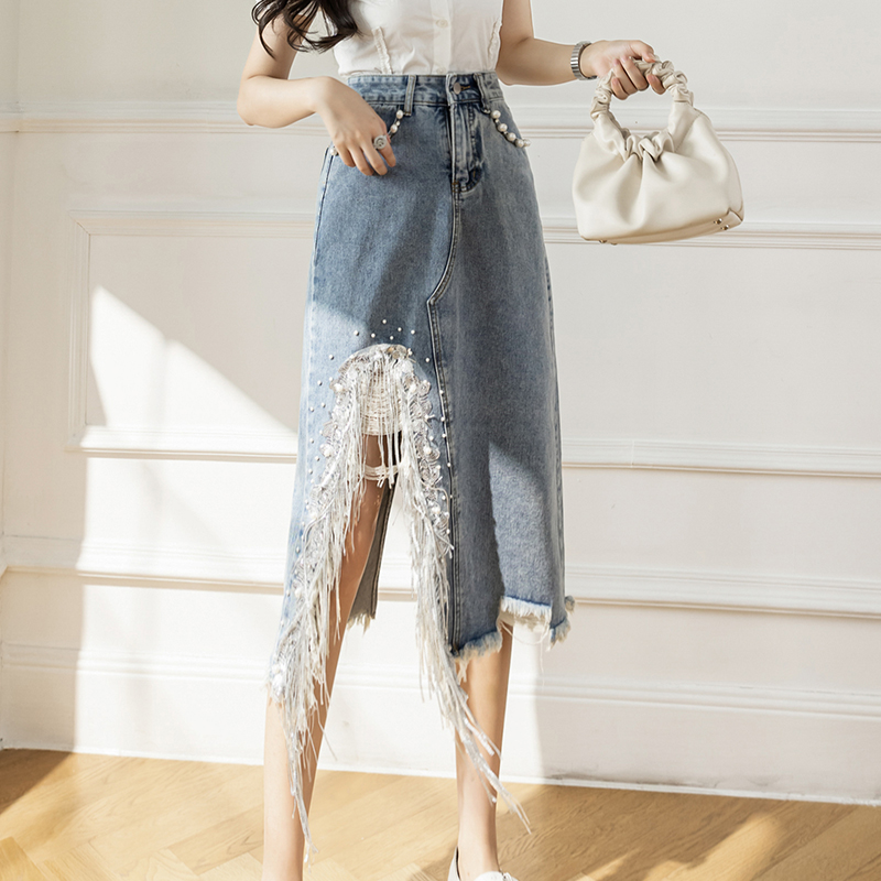 Denim Skirt Midi Vintage - Vintage S-5XL Split Pearl Beaded Denim