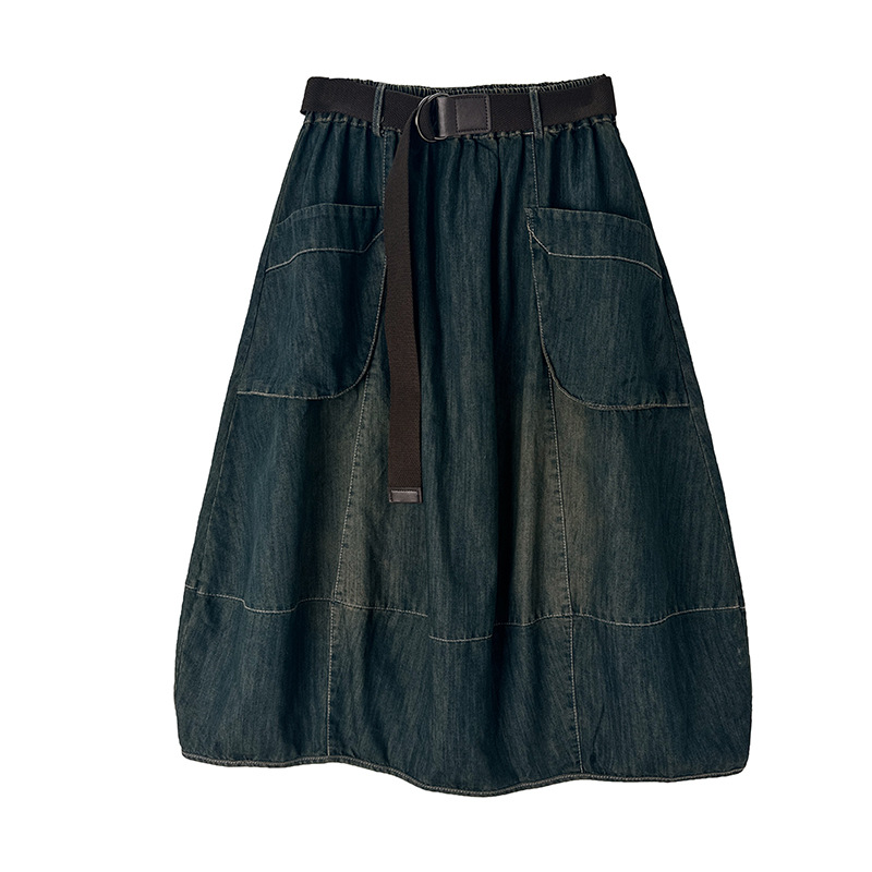 Denim Skirt Midi Vintage - Large Size Denim Skirt With Belt