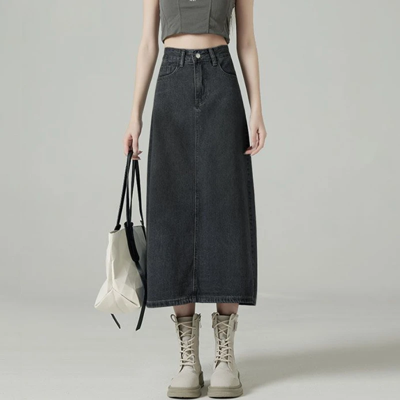 Denim Skirt Midi Vintage - Denim Skirts Women Midi Back-slit Vintage