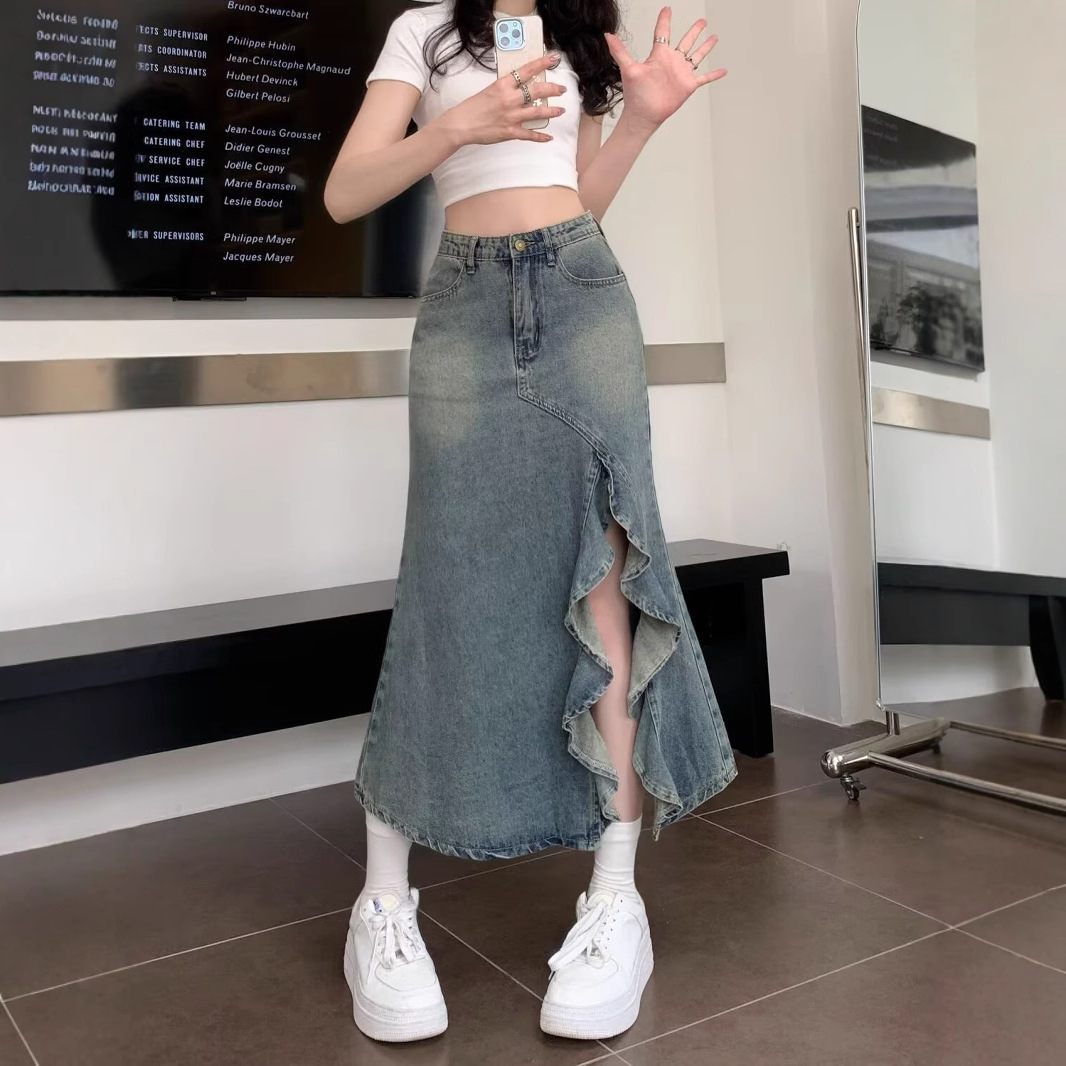 Denim Skirt Midi Vintage - Korean High Waist Vintage Blue Denim