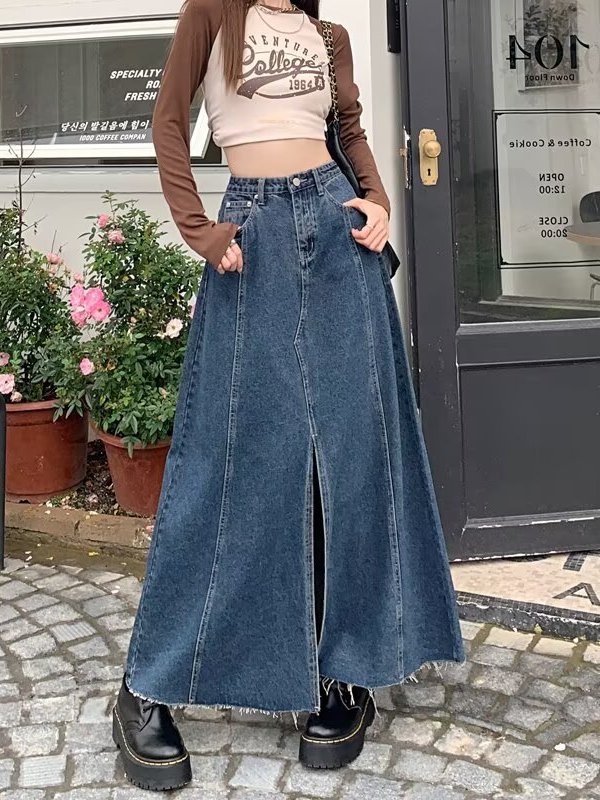 Denim Skirt Midi Vintage - High Waist Slit Denim Skirt Women's