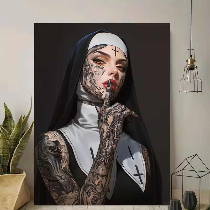 Fashion Girl Tattoo Nun Canvas - Vintage Fashion Prints For Wall ulasan dan harga