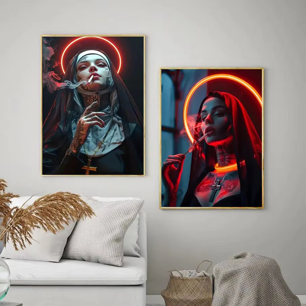 Fashion Girl Tattoo Nun Canvas - Vintage Fashion Prints For Wall ulasan dan harga