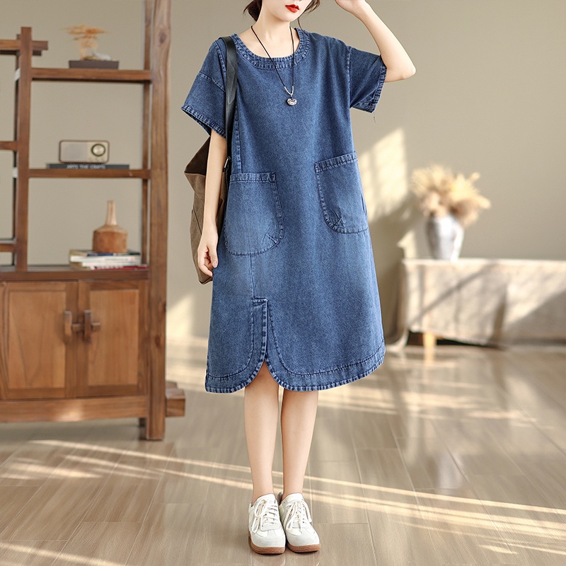 High-End plus Size Midi Dress  - Denim Skirt Midi Vintage ulasan dan harga