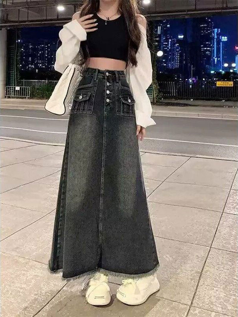 High Waist A-Line Midi Denim S - Denim Skirt Midi Vintage ulasan dan harga