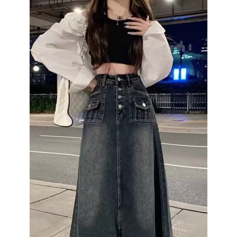 High Waist A-Line Midi Denim S - Denim Skirt Midi Vintage ulasan dan harga