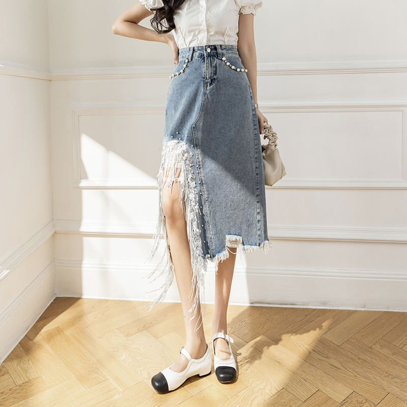 Vintage S-5XL Split Pearl Bead - Denim Skirt Midi Vintage ulasan dan harga