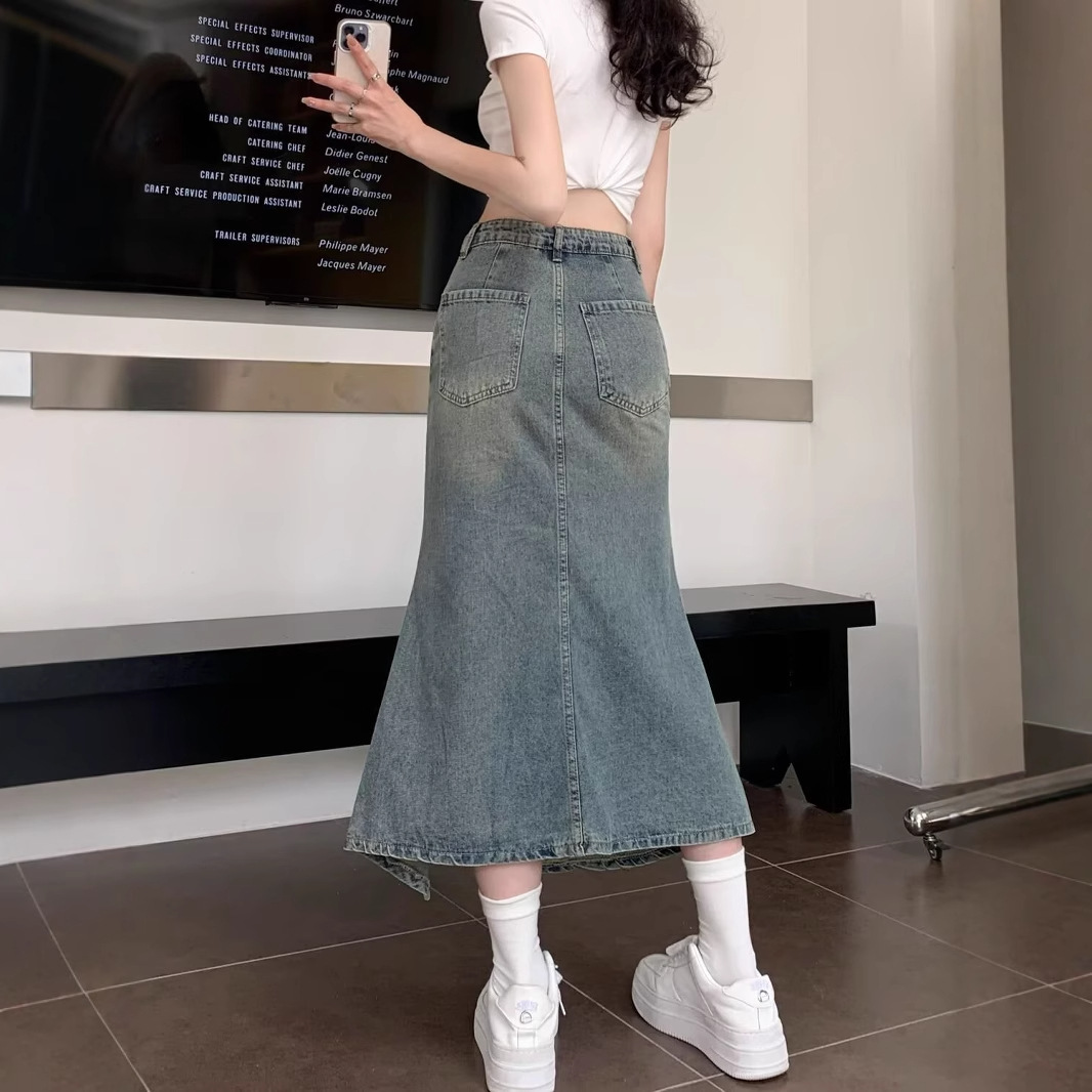 Korean High Waist Vintage Blue - Denim Skirt Midi Vintage ulasan dan harga