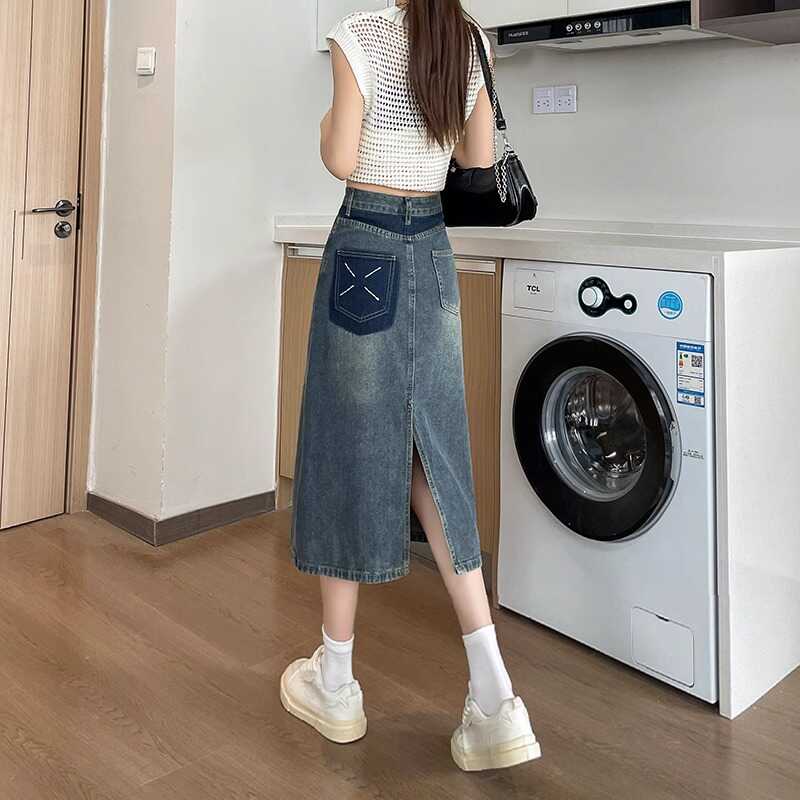 Spring Summer New Retro Color  - Denim Skirt Midi Vintage ulasan dan harga