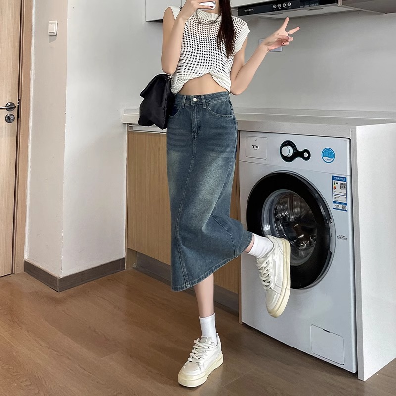 Spring Summer New Retro Color  - Denim Skirt Midi Vintage ulasan dan harga
