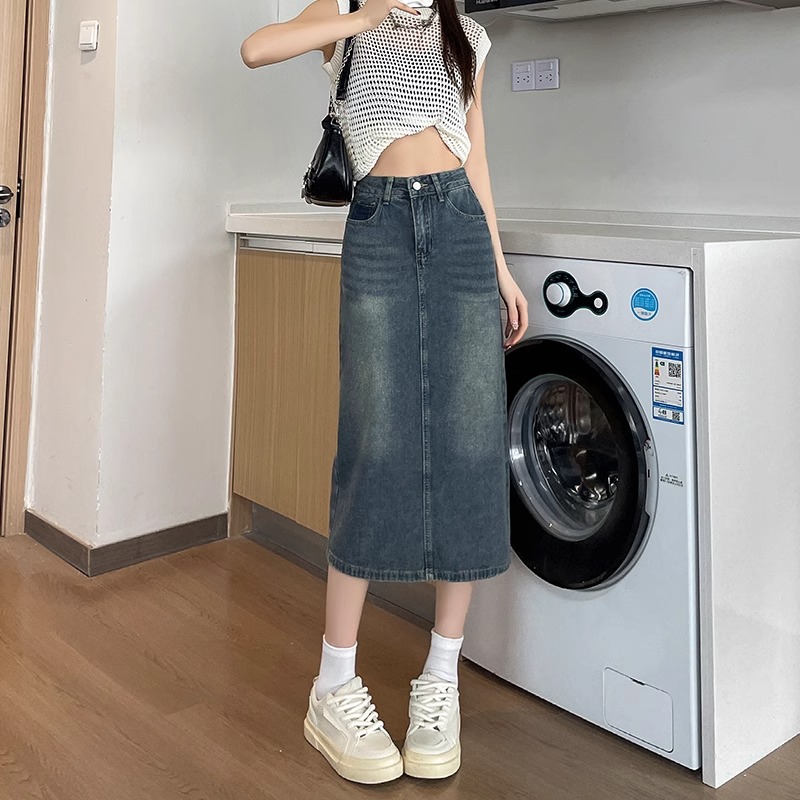 Spring Summer New Retro Color  - Denim Skirt Midi Vintage ulasan dan harga