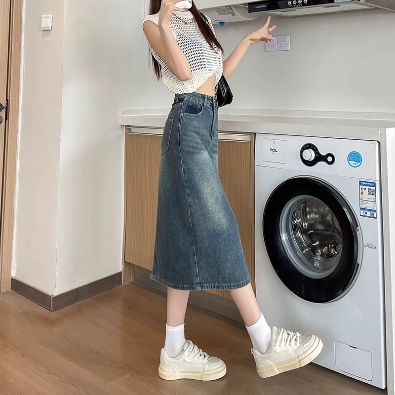 Spring Summer New Retro Color  - Denim Skirt Midi Vintage ulasan dan harga