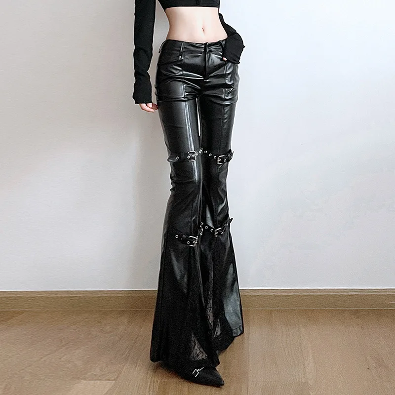 Women's PU Leather Flare Pants - Vintage Fashion Streetwear ulasan dan harga