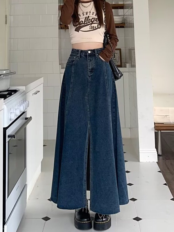 High Waist Slit Denim  Skirt W - Denim Skirt Midi Vintage ulasan dan harga