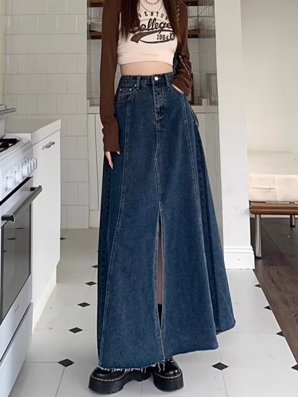 High Waist Slit Denim  Skirt W - Denim Skirt Midi Vintage ulasan dan harga