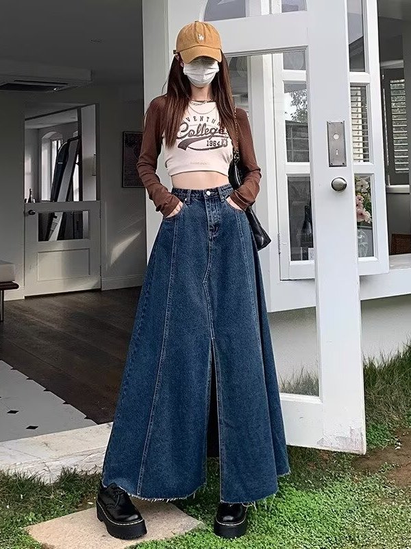 High Waist Slit Denim  Skirt W - Denim Skirt Midi Vintage ulasan dan harga