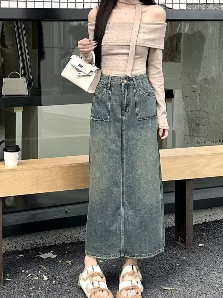 High Waist Midi Denim Skirt Wa - Denim Skirt Midi Vintage ulasan dan harga