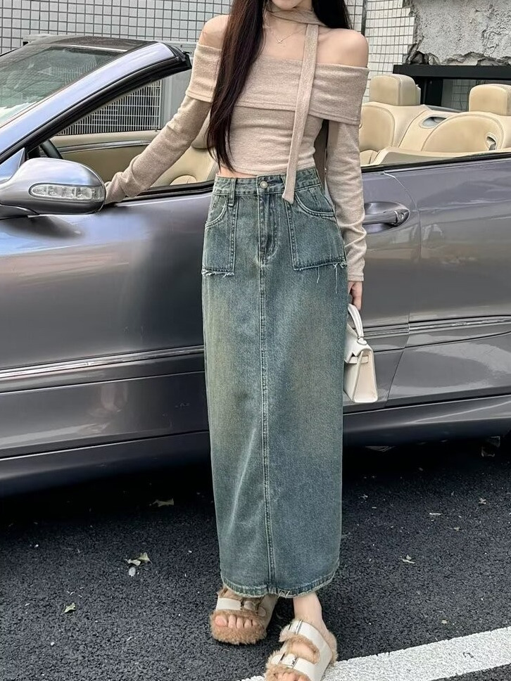 High Waist Midi Denim Skirt Wa - Denim Skirt Midi Vintage ulasan dan harga