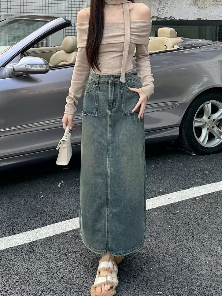 High Waist Midi Denim Skirt Wa - Denim Skirt Midi Vintage ulasan dan harga