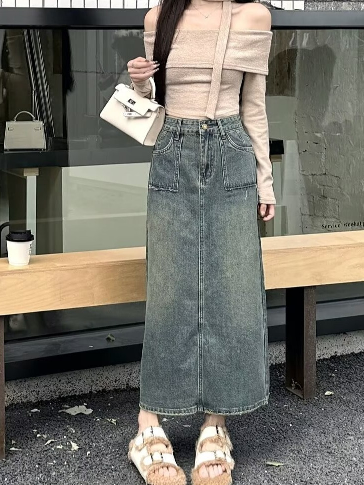High Waist Midi Denim Skirt Wa - Denim Skirt Midi Vintage ulasan dan harga